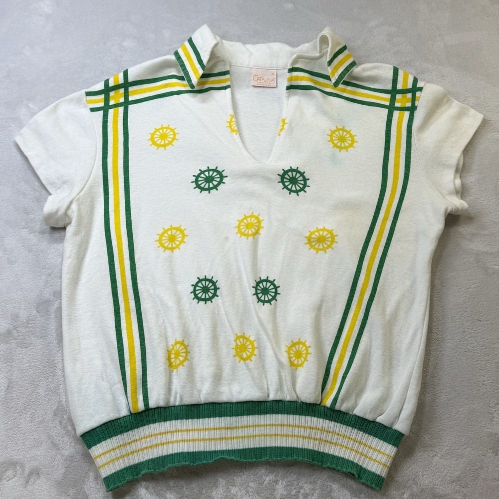 Vintage 70s Catalina Nautical Top‎ Womens M Ship Wheel Stripe Banded Hem